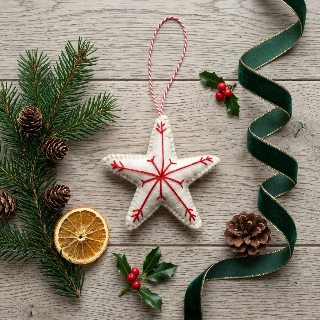 Namaste Artisans White Star with Red Snowflake Wool Felt Ornament – Handmade & Shatterproof