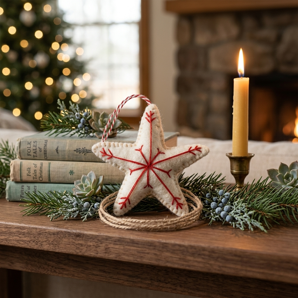 Namaste Artisans Embroidered Star with Holiday Lights Wool Felt Ornament – Handmade & Shatterproof