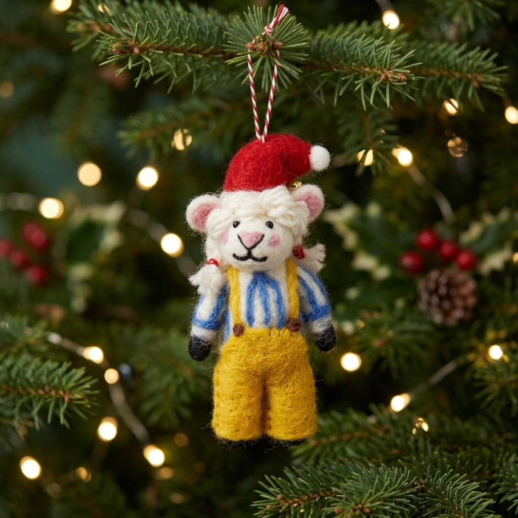 A felted wool Festive Little Farmer Sheep Christmas ornament wearing a red Santa hat, blue striped shirt and yellow overalls, hanging on a decorated tree with warm Christmas lights.

