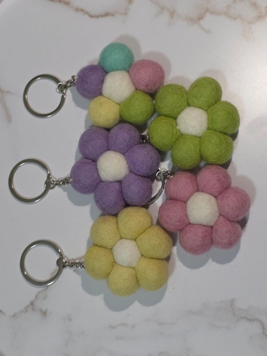 Felt Daisy Keychain — Pastel Flower Pom Wool Key Ring, Handmade in Nepal Delicate_Felt_Daisy
