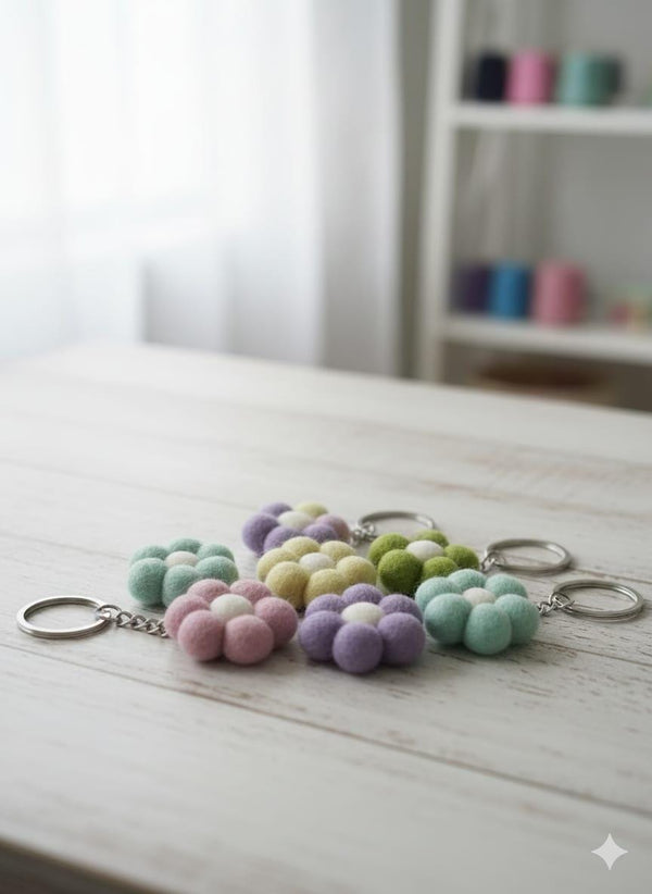 Felt Daisy Keychain — Pastel Flower Pom Wool Key Ring, Handmade in Nepal Delicate_Felt_Daisy