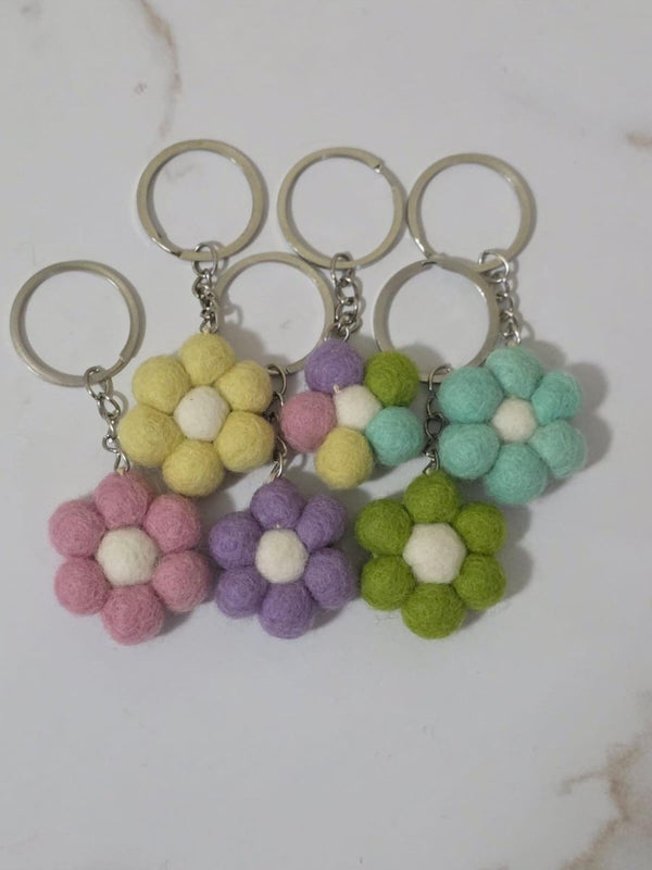 Felt Daisy Keychain — Pastel Flower Pom Wool Key Ring, Handmade in Nepal Delicate_Felt_Daisy I