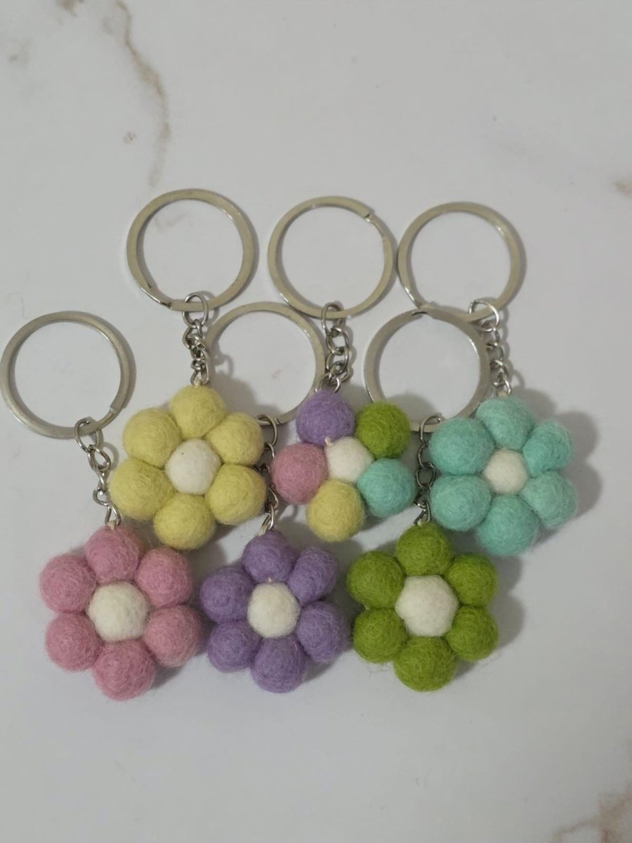 Felt Daisy Keychain — Pastel Flower Pom Wool Key Ring, Handmade in Nepal Delicate_Felt_Daisy