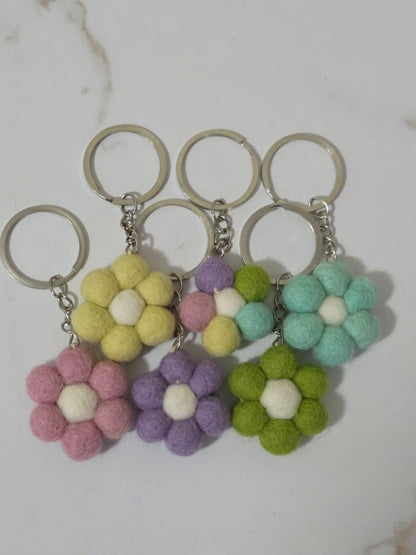Felt Daisy Keychain — Pastel Flower Pom Wool Key Ring, Handmade in Nepal Delicate_Felt_Daisy