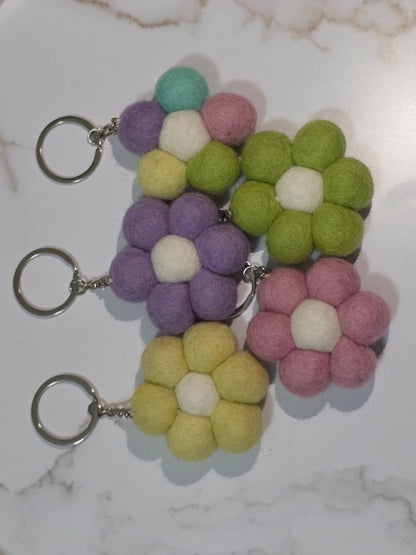 Felt Daisy Keychain — Pastel Flower Pom Wool Key Ring, Handmade in Nepal Delicate_Felt_Daisy