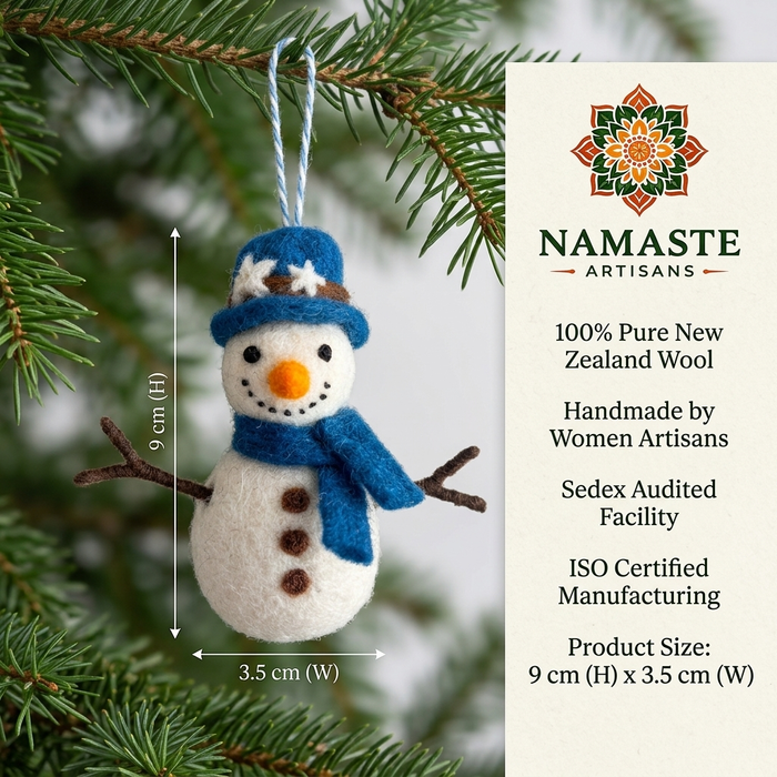 Namaste Artisans Felt Snowman with Blue Hat Christmas Ornament – Handmade & Shatterproof