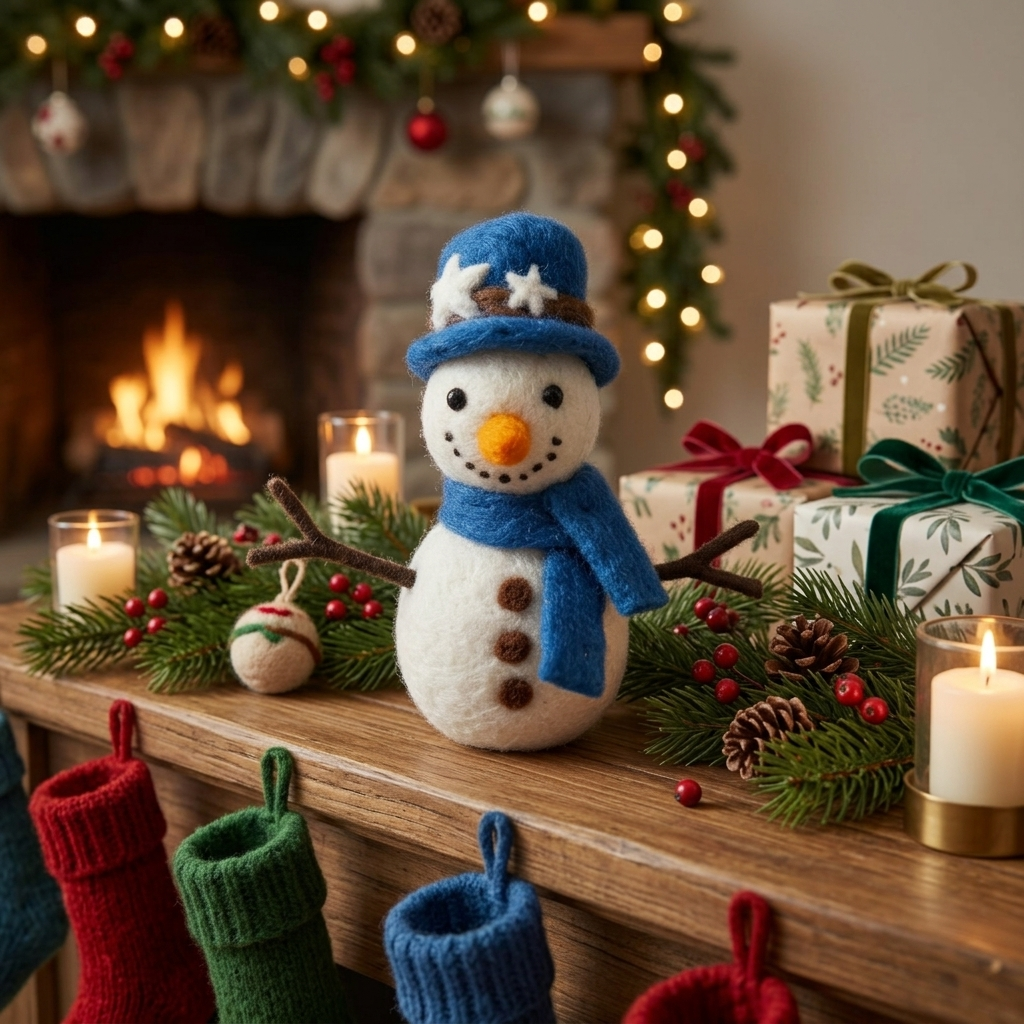 Felt Snowman with Blue Hat Christmas Ornament – Handmade & Shatterproof