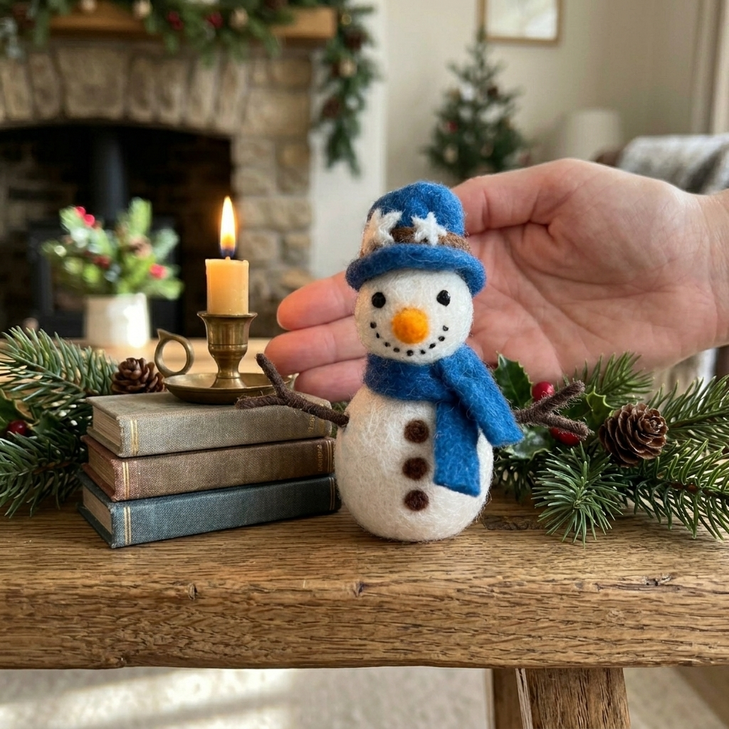 Felt Snowman with Blue Hat Christmas Ornament – Handmade & Shatterproof