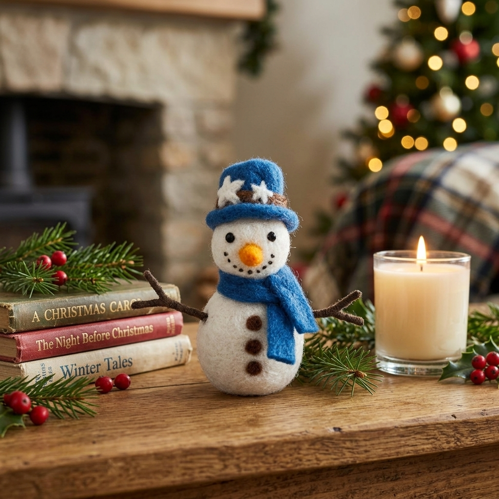 Felt Snowman with Blue Hat Christmas Ornament – Handmade & Shatterproof