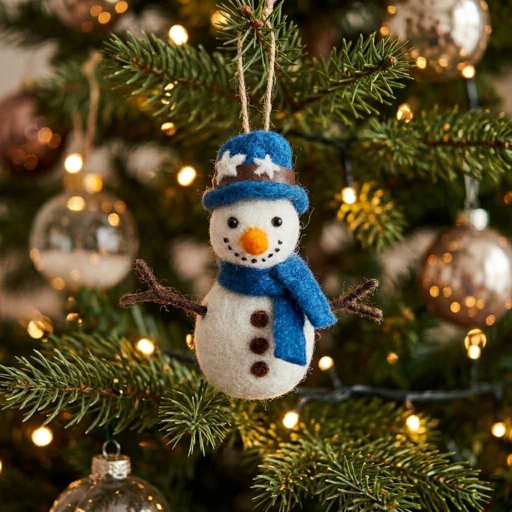 Namaste Artisans Felt Snowman with Blue Hat Christmas Ornament – Handmade & Shatterproof