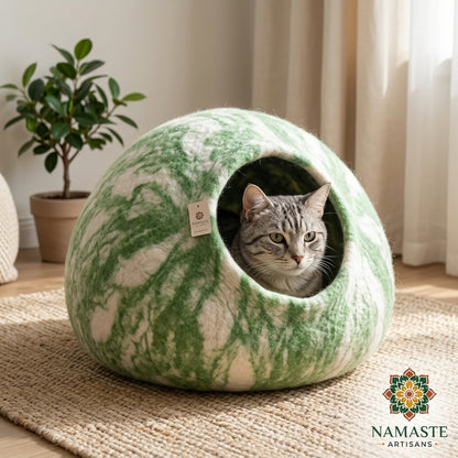Green Marble Wool Cat Cave Bed