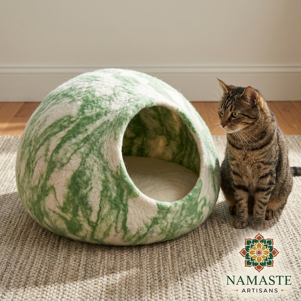 Green Marble Wool Cat Cave Bed