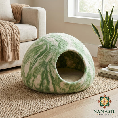 Green Marble Wool Cat Cave Bed