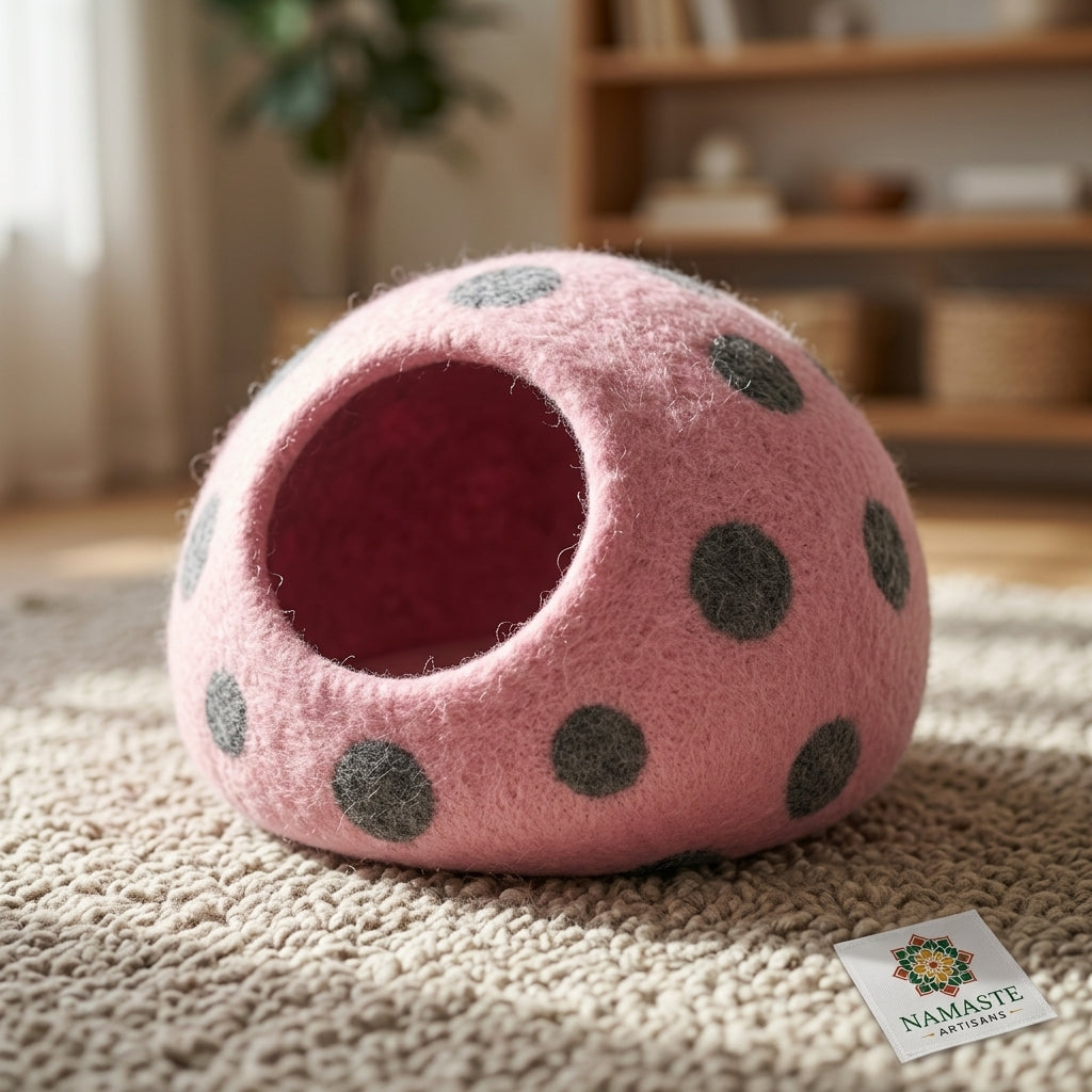 Pink Polka Dot Wool Cat Cave Bed