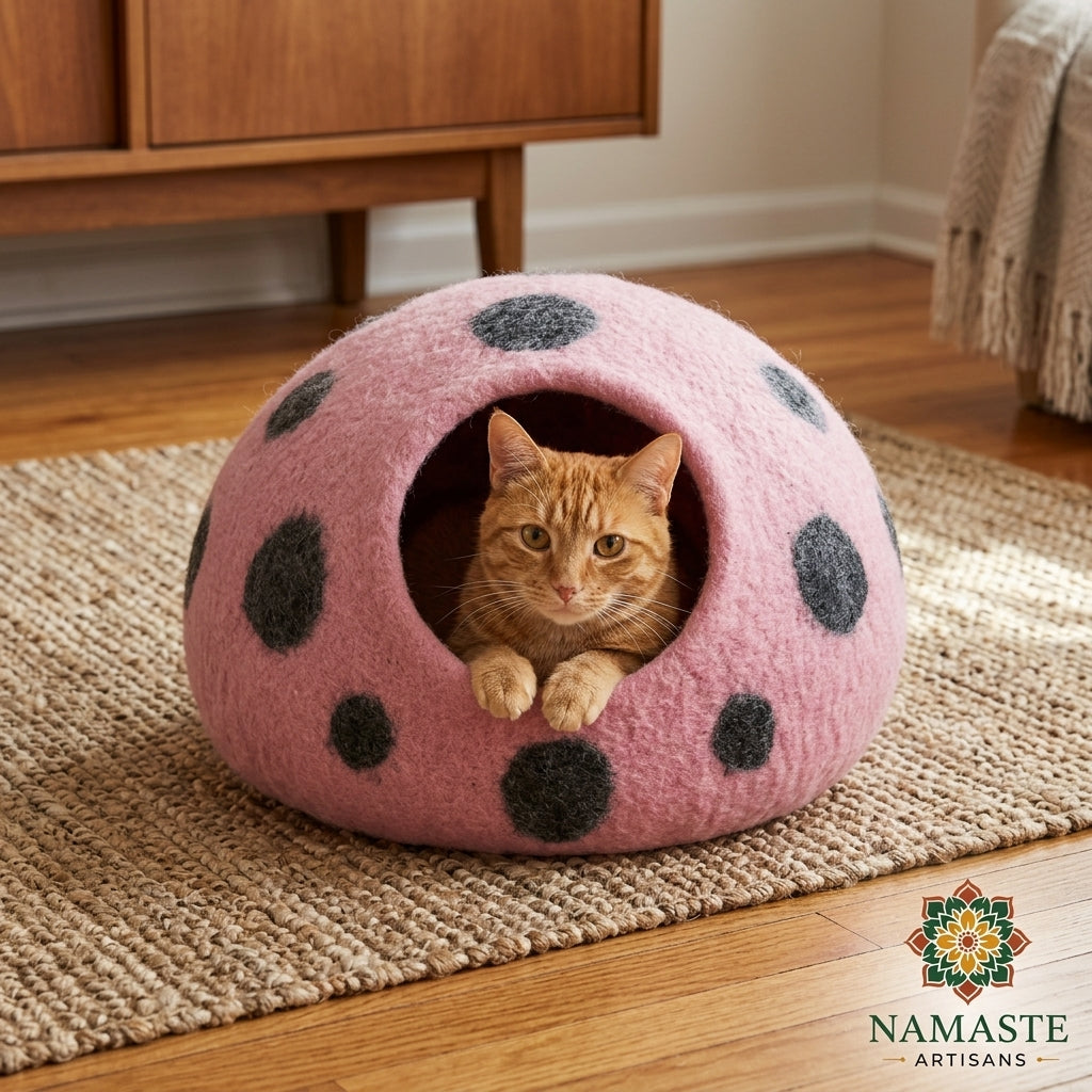 Pink Polka Dot Wool Cat Cave Bed