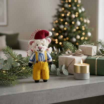 A small Festive Little Farmer Sheep wool felt ornament stands on a grey tabletop, wearing a red Santa hat, blue striped shirt and yellow overalls, with a blurred Christmas tree and wrapped gifts in the background.


