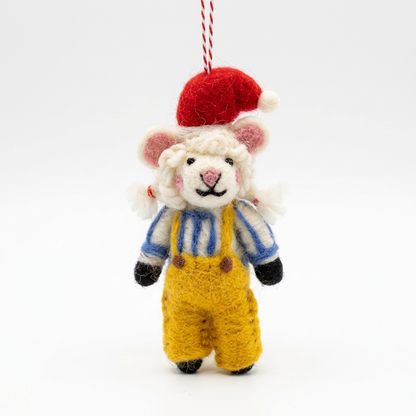 A handcrafted 100% pure New Zealand wool felt Christmas ornament shaped like the Festive Little Farmer Sheep, wearing a red Santa hat, blue-and-white striped shirt and mustard-yellow overalls, hanging by a red-and-white cotton loop against a plain white background.

