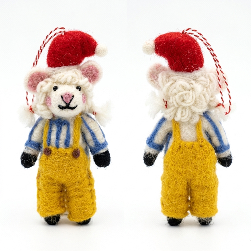Front and back views of the Festive Little Farmer Sheep hand-felted Christmas ornament on a white background, showing its red Santa hat, blue striped shirt, yellow overalls and cotton hanging loop.

