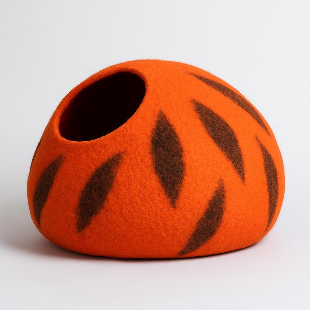 Flame Wool Felt Cat Cave - Cozy Bold Orange Black Pet Bed Cozy_Cat_Pod