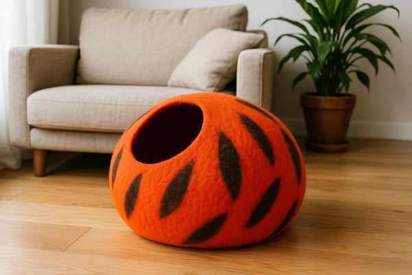 Flame Wool Felt Cat Cave - Cozy Bold Orange Black Pet Bed Cozy_Cat_Pod