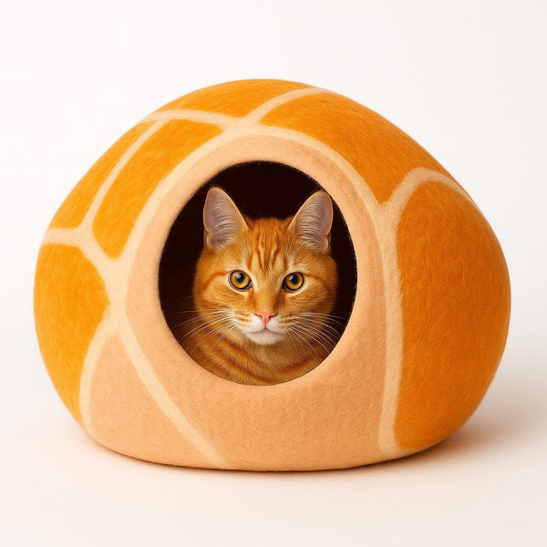 Giraffe Pattern Cat Cave: Soft Wool Felt, Orange & Cream Cat_Ear_Cave