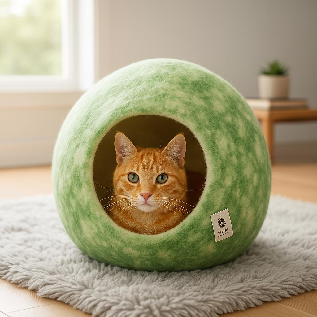 Green Marble Cat Cave: Wool Felt Pet Pod, Handmade in Nepal Cat_Cave_Pod