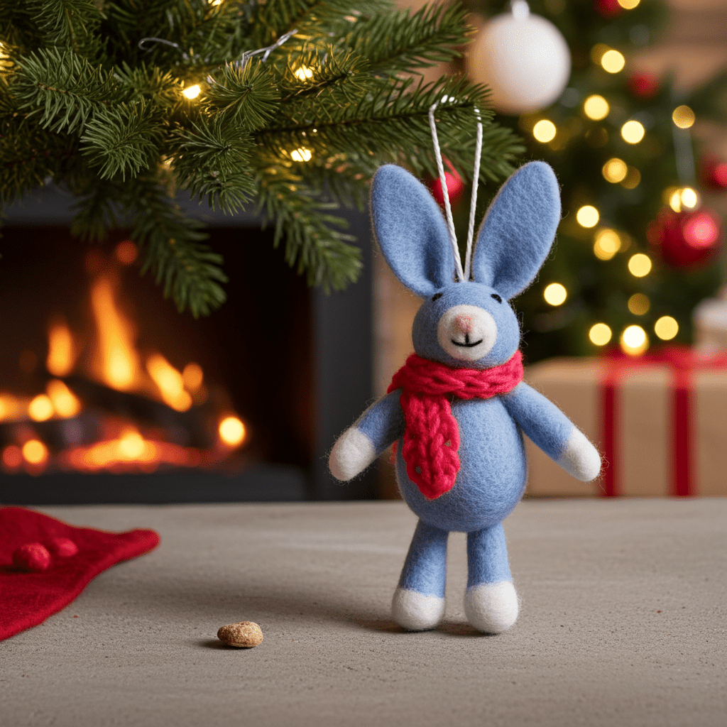 Hand - Stitched Wool Felt Bunny Ornament (Blue)namaste artisans