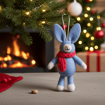 Hand - Stitched Wool Felt Bunny Ornament (Blue)namaste artisans