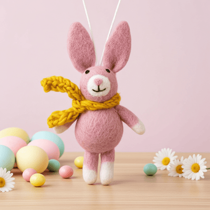 Hand - Stitched Wool Felt Bunny Ornament (White with Pink Ears)namaste artisans