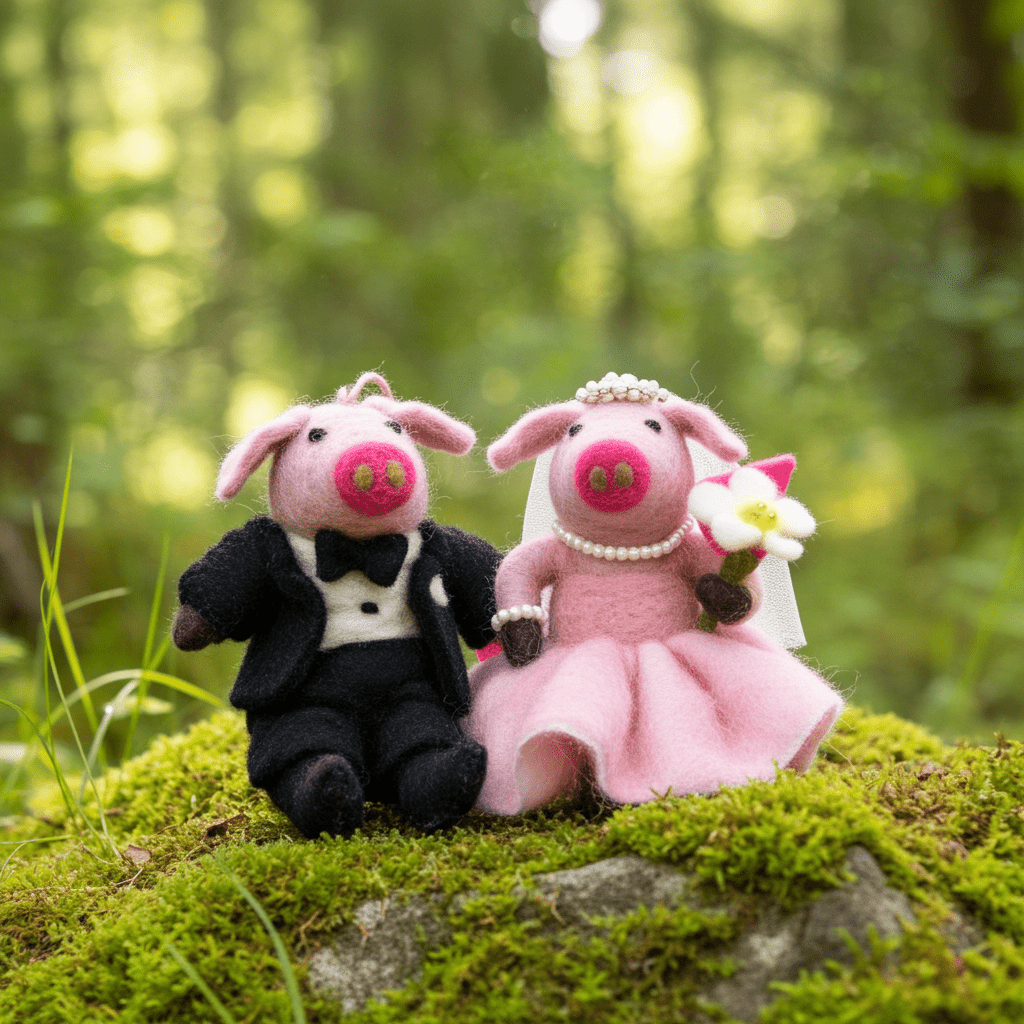 Hand - Stitched Wool Felt Pig Couple Ornaments (Bride & Groom Set)namaste artisans