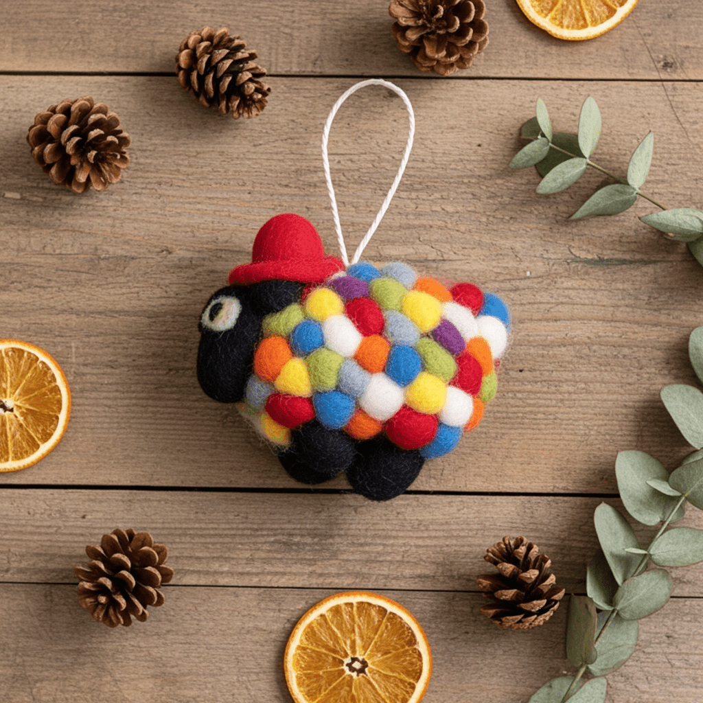 Hand - Stitched Wool Felt Sheep Ornament (Polka Dot Fleece)namaste artisans