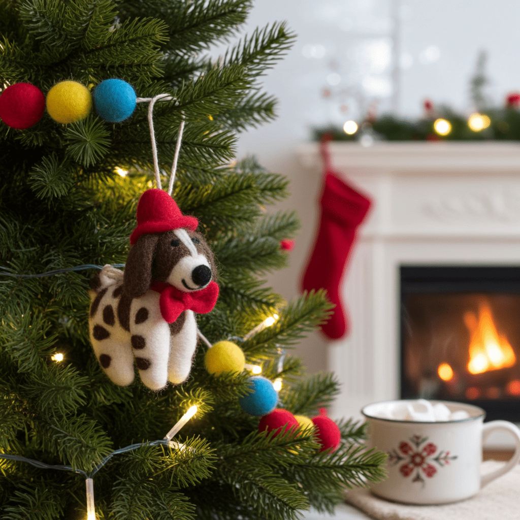 Hand - Stitched Wool Felt Spaniel Christmas Ornament (With Red Hat)namaste artisans