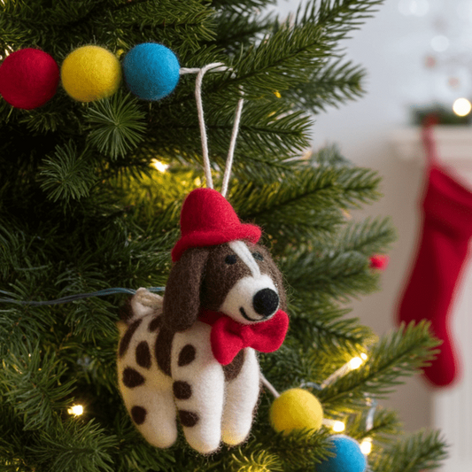 Hand - Stitched Wool Felt Spaniel Christmas Ornament (With Red Hat)namaste artisans