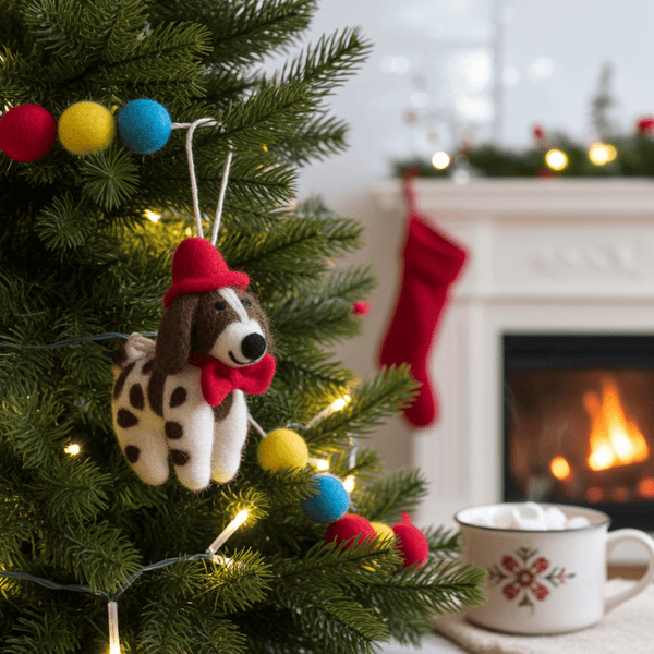 Hand - Stitched Wool Felt Spaniel Christmas Ornament (With Red Hat)namaste artisans