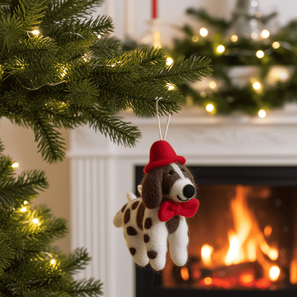 Hand - Stitched Wool Felt Spaniel Christmas Ornament (With Red Hat)namaste artisans