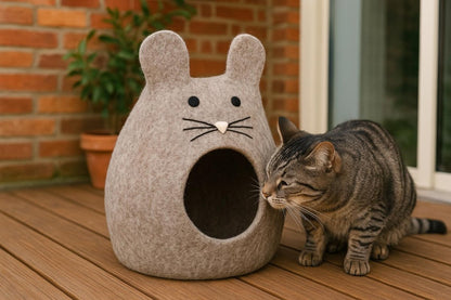 Handmade Bunny Ears Wool Felt Cat Cave: Cozy Pet Bed Cute_Grey_Wool