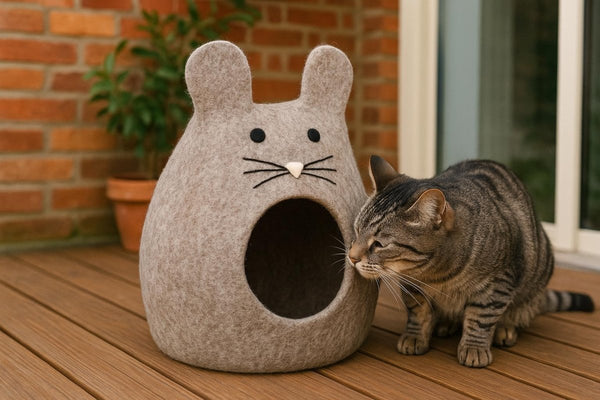 Handmade Bunny Ears Wool Felt Cat Cave: Cozy Pet Bed Cute_Grey_Wool