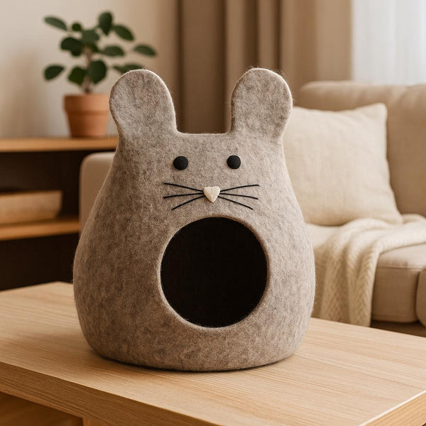 Handmade Bunny Ears Wool Felt Cat Cave: Cozy Pet Bed Cute_Grey_Wool