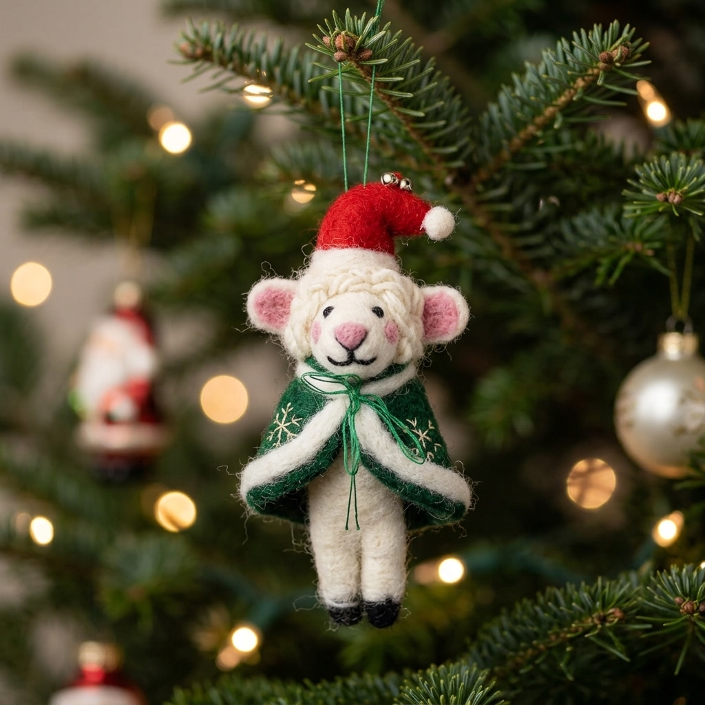A handmade felt Winter Wanderer Sheep Christmas ornament wearing a red Santa hat and embroidered green snowflake cape, hanging from a pine branch with warm bokeh lights behind it.

