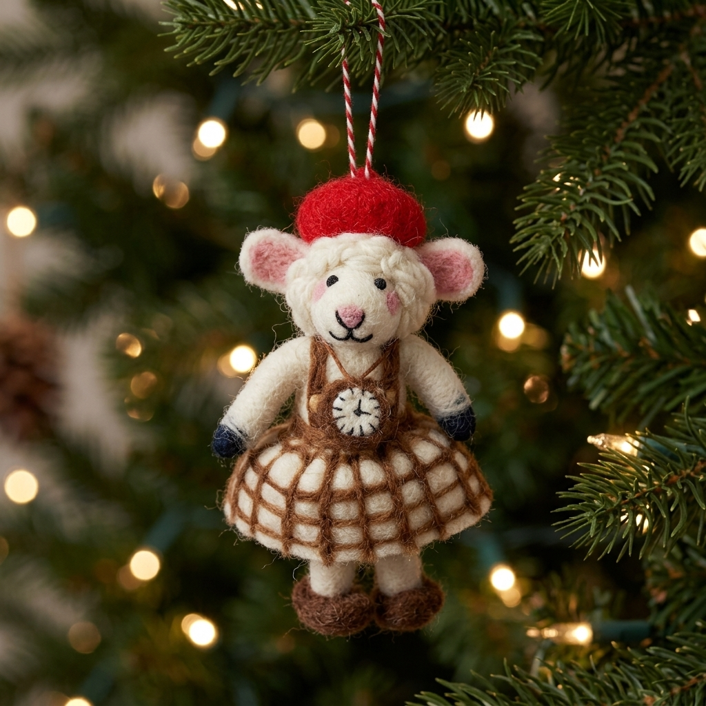 A handmade 100% pure New Zealand felted wool Christmas ornament shaped like a lamb, hanging from a green Christmas tree branch with warm string lights in the background. The lamb wears a red beret, a brown and cream plaid skirt, and a brown vest with a clock detail.