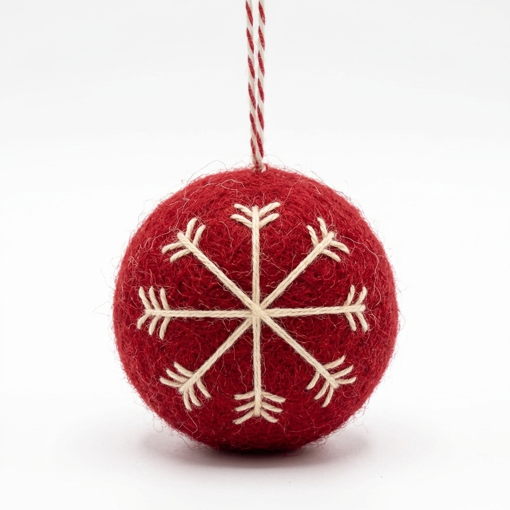 A handmade red wool felt Christmas bauble ornament with a cream embroidered snowflake, hanging from a red-and-white cotton loop against a plain white background.

