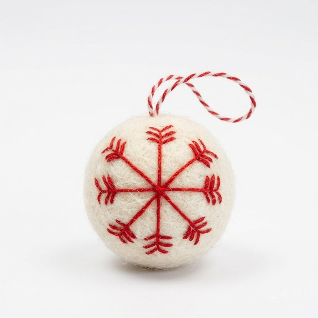 A handmade cream-white wool felt Christmas bauble with a red embroidered snowflake and red-and-white cotton hanging loop, shown against a clean white background.

