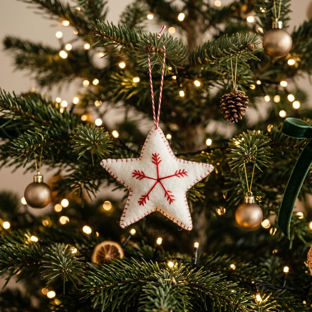 Namaste Artisans White Star with Red Snowflake Wool Felt Ornament – Handmade & Shatterproof