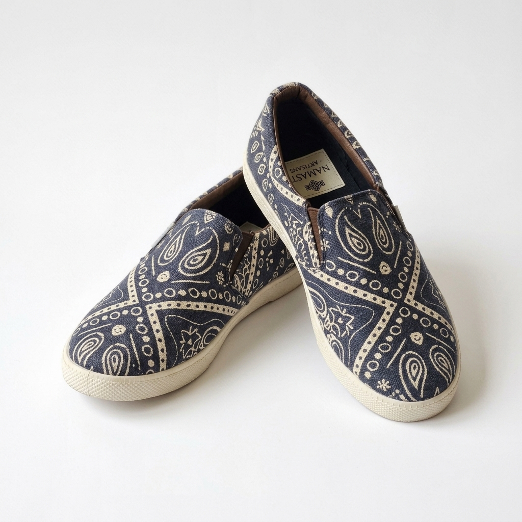 Mandala navy blue and cream paisley slip-on canvas sneakers with cream soles and Cotton Town label