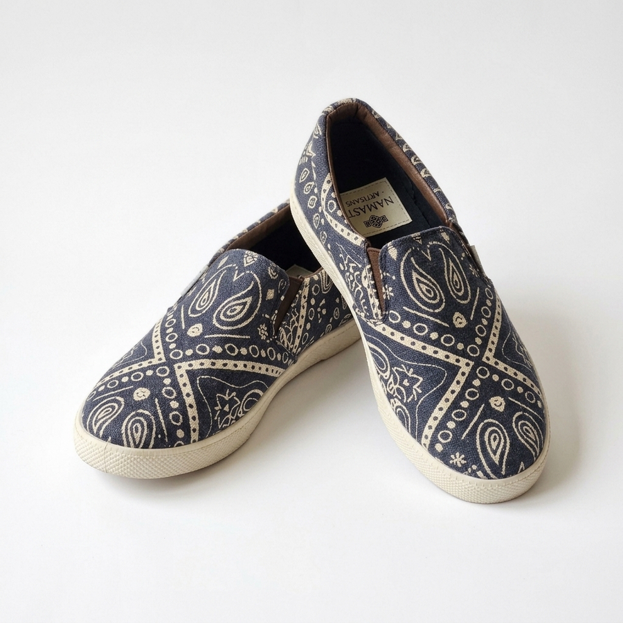 Mandala navy blue and cream paisley slip-on canvas sneakers with cream soles and Cotton Town label