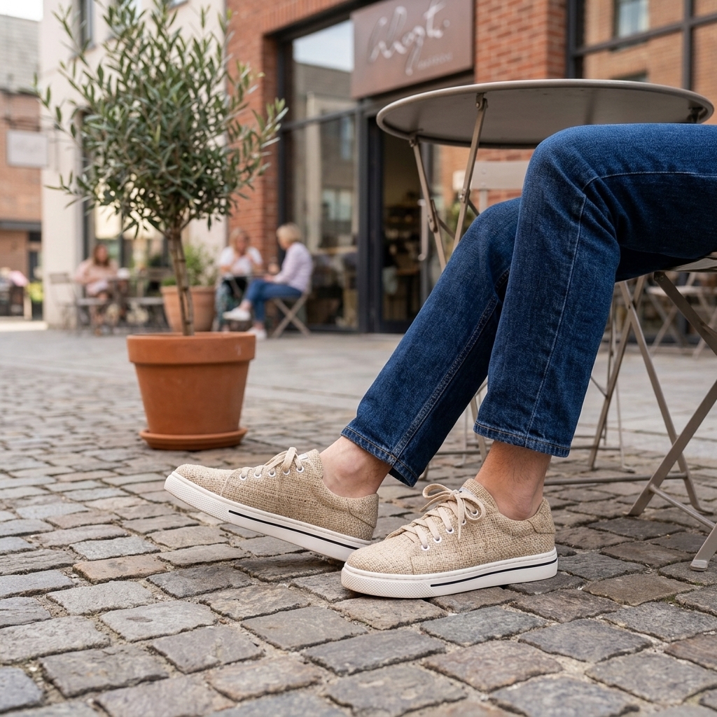 Person sitting at an outdoor café wearing natural beige organic hemp canvas low-top shoes with white natural rubber soles and blue jeans on a cobblestone street.

