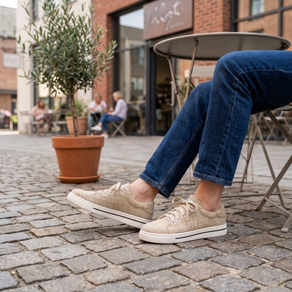Person sitting at an outdoor café wearing natural beige organic hemp canvas low-top shoes with white natural rubber soles and blue jeans on a cobblestone street.

