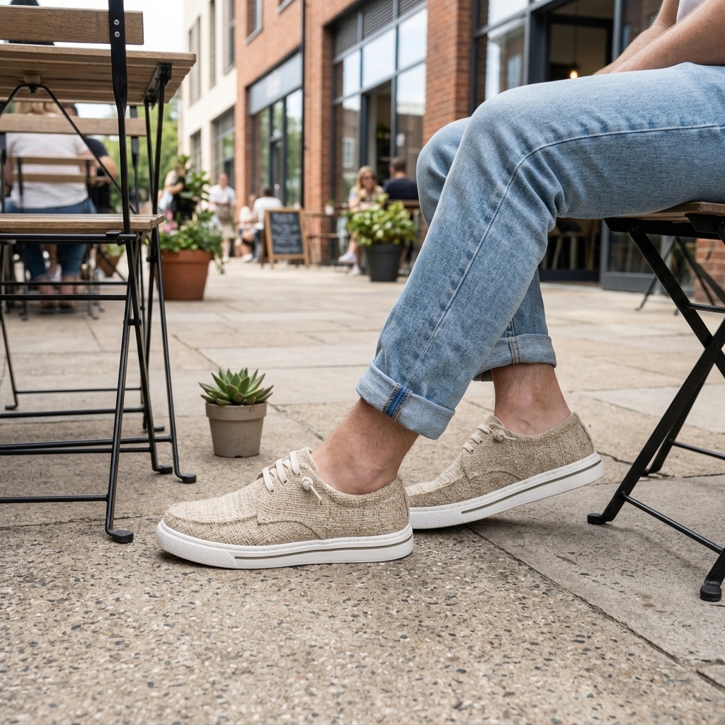 erson sitting at an outdoor café wearing natural beige organic hemp canvas low-top shoes with white laces and white natural rubber soles, paired with light blue jeans.