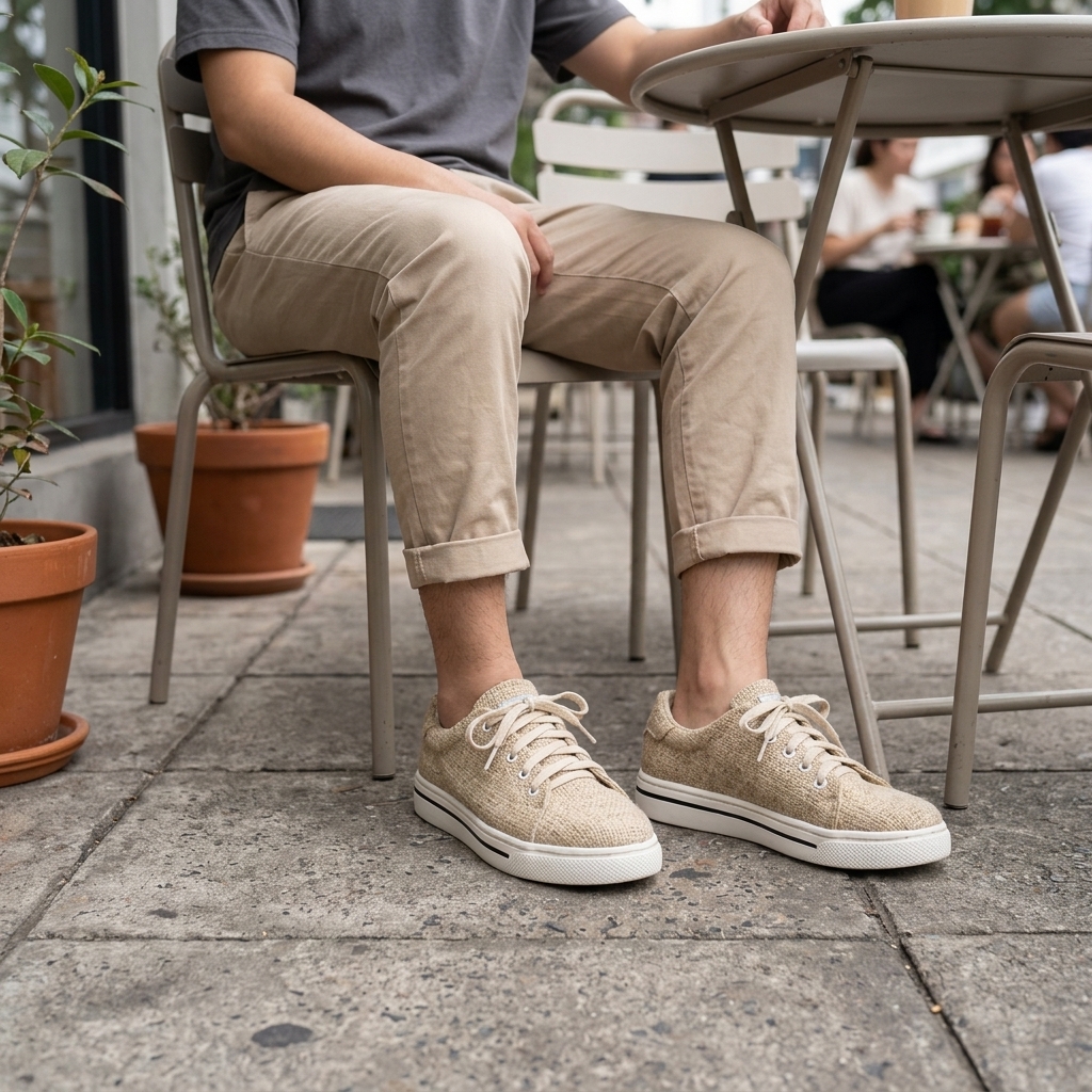 Person seated at an outdoor café wearing natural beige organic hemp canvas lace-up shoes with white natural rubber soles on a stone patio.

