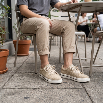 Person seated at an outdoor café wearing natural beige organic hemp canvas lace-up shoes with white natural rubber soles on a stone patio.

